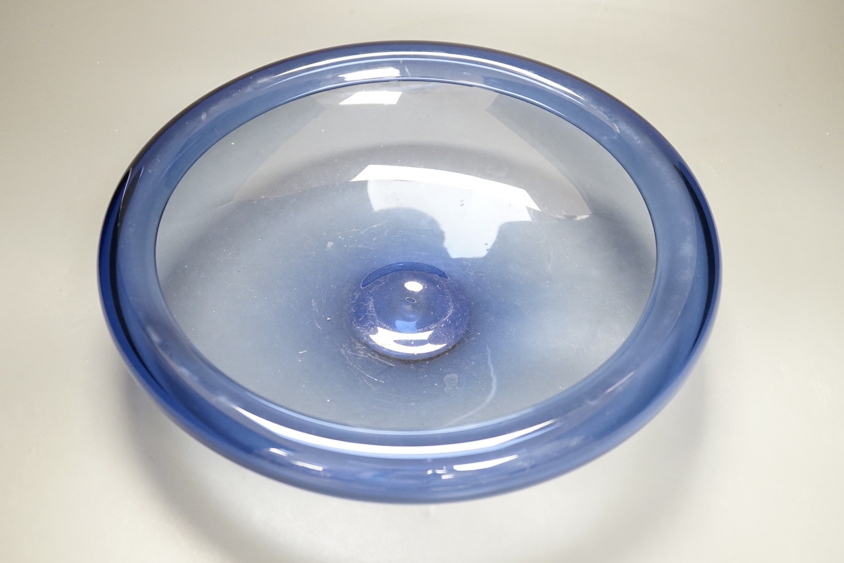 A Holmegaard blue glass bowl, signed and Numbered 17793, 34.5cm